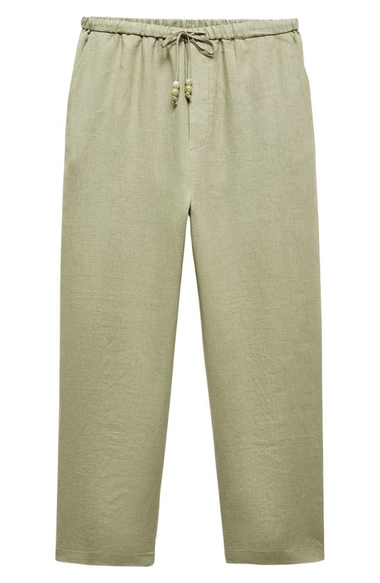 Shop Mango Elastic Waist Crop Straight Leg Linen Pants In Green