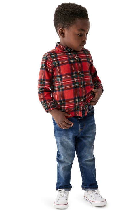 boys red button up shirt
