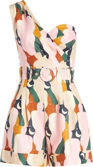 FARM Rio The Kiss Multicolor Print One-Shoulder Linen Romper