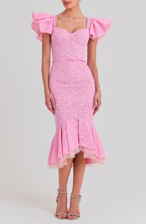 Belted Ruffle Lace Midi Dress
