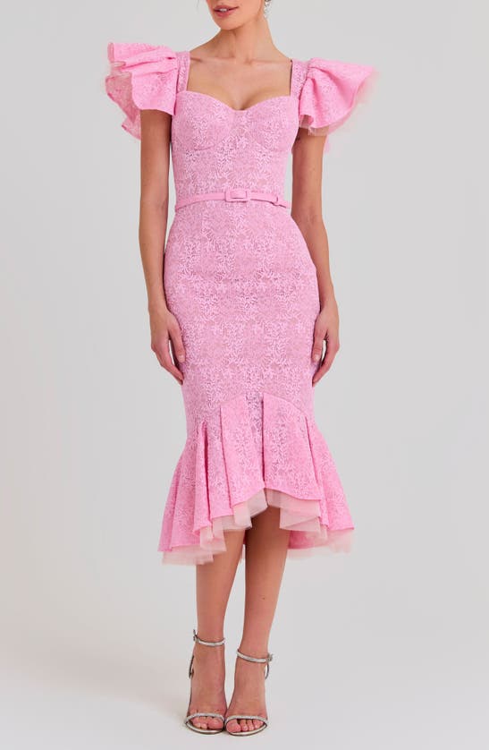 Shop Nadine Merabi Belted Ruffle Lace Midi Dress In Light/pastel Pink