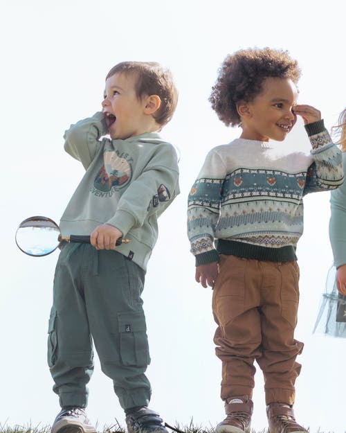 Shop Deux Par Deux Little Boy's Jacquard Sweater With Fox Beige, Blue And Green In Oatmeal