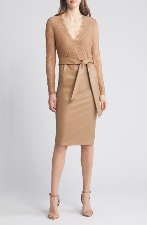 Mixed Media Long Sleeve Lace & Faux Leather Dress in Camel