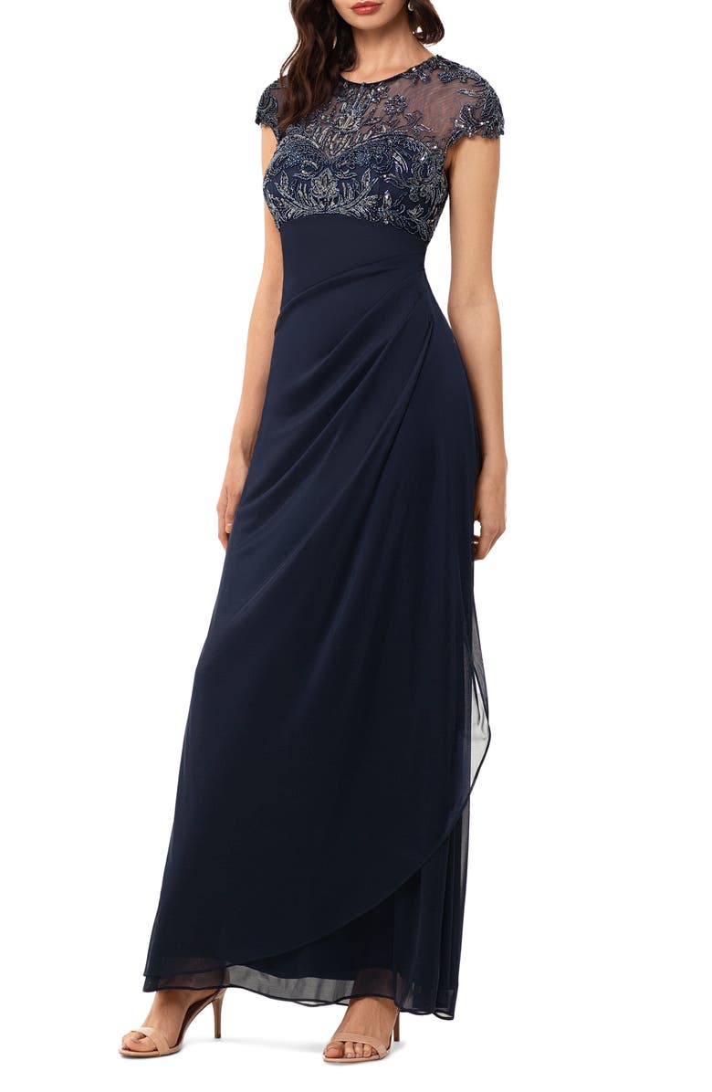 Xscape Beaded Yoke Ruched Gown | Nordstrom