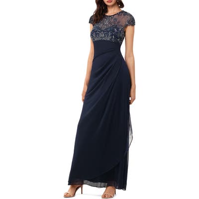 Xscape Beaded Yoke Ruched Gown, Blue