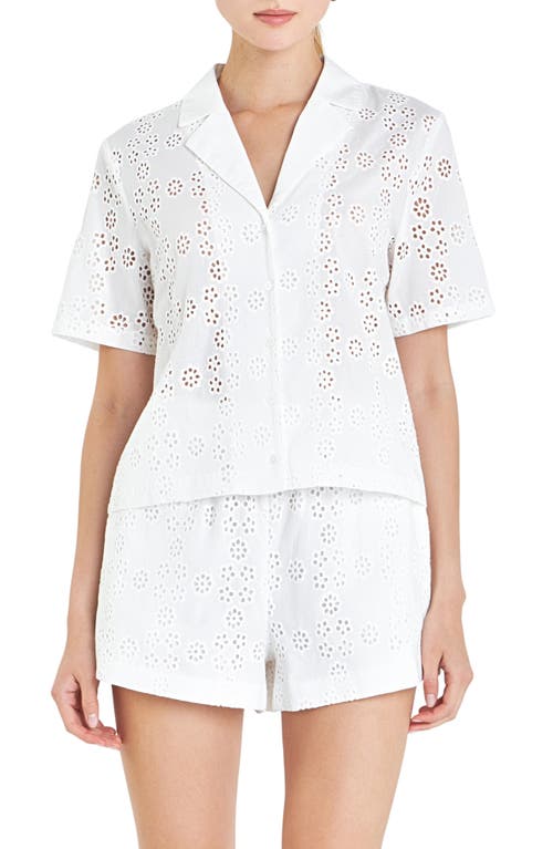 Floral Eyelet Cotton Camp Shirt in White