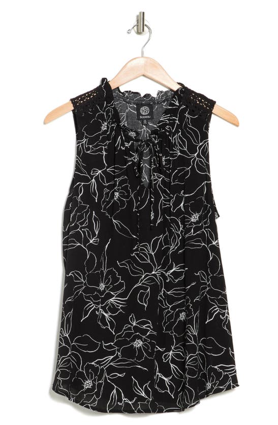 Bobeau Ruffle Spit Neck Sleeveless Top In Black Stencil