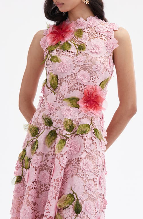 Shop Oscar De La Renta Hibiscus Embroidered Lace Midi Dress In Soft Pink