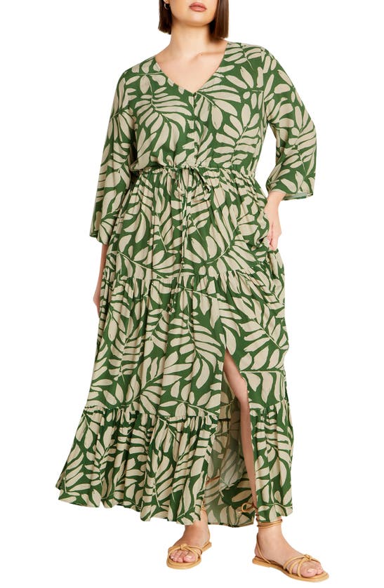 City Chic Endless Sun Floral Tiered Drawstring Waist Maxi Dress In Leafy Views