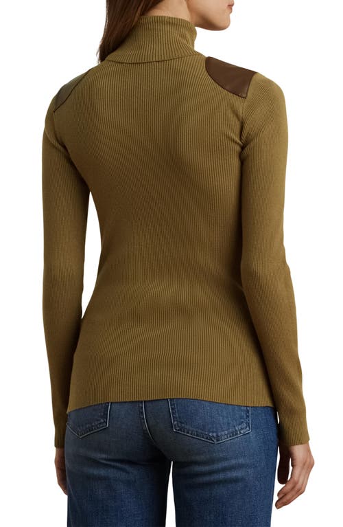 Shop Lauren Ralph Lauren Embellished Rib Cotton Blend Turtleneck Top In Honey Tan