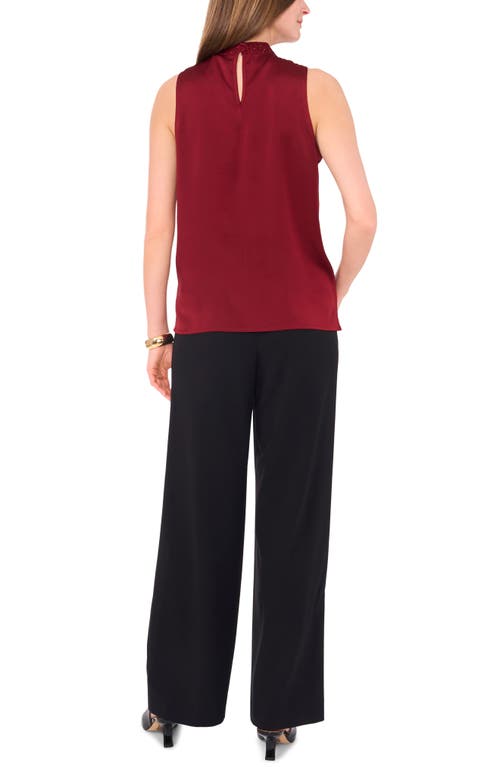 Shop Vince Camuto Beaded Mock Neck Sleeveless Hammered Satin Top In Ruby