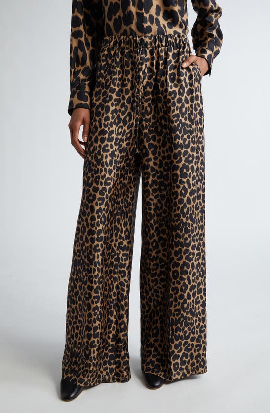 Shop Max Mara Ghinea Leopard Print Silk Wide Leg Pants In Camel
