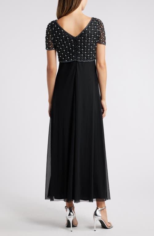 Shop Pisarro Nights Pearly Beaded Short Sleeve A-line Gown In Black