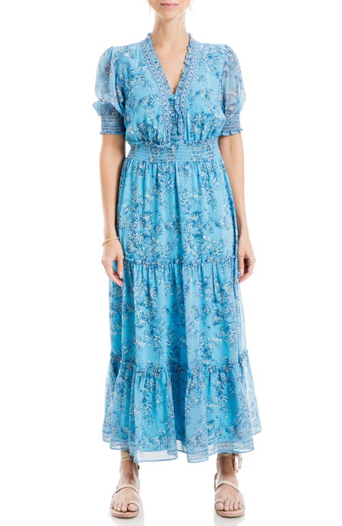 Shop Max Studio Floral Tiered Midi Dress In Mineral/cobalt Rosy Toile