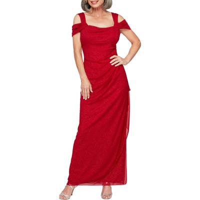 Alex Evenings Cold Shoulder Chiffon Gown, Red