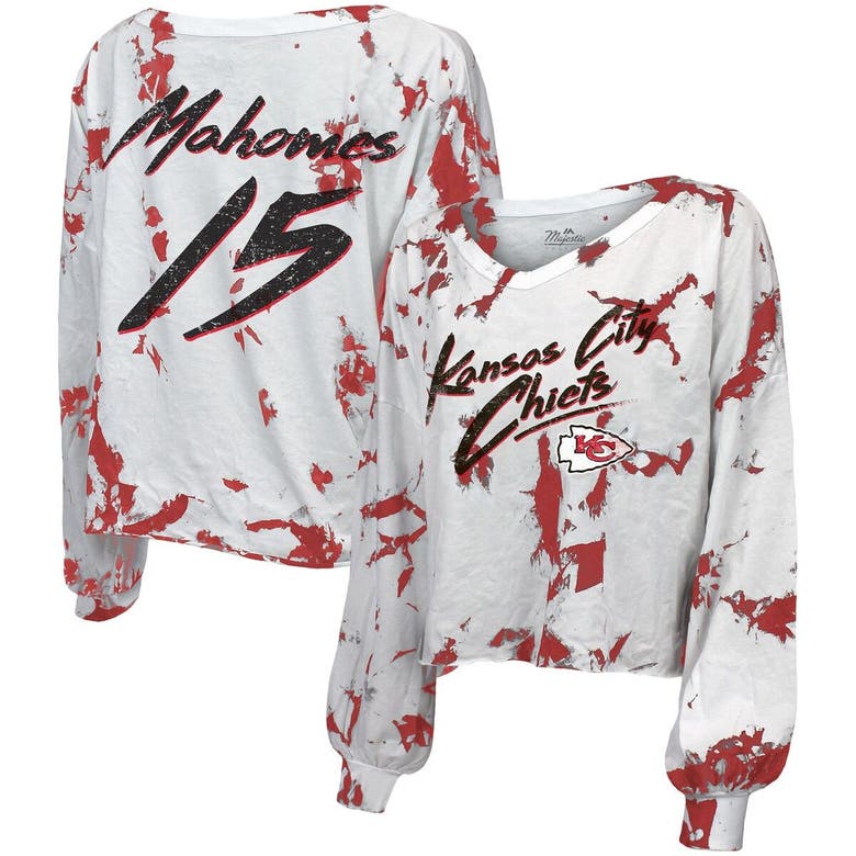 Majestic Threads Patrick Mahomes White/red Kansas City Chiefs Off-shoulder Tie-dye Name & Number Lon