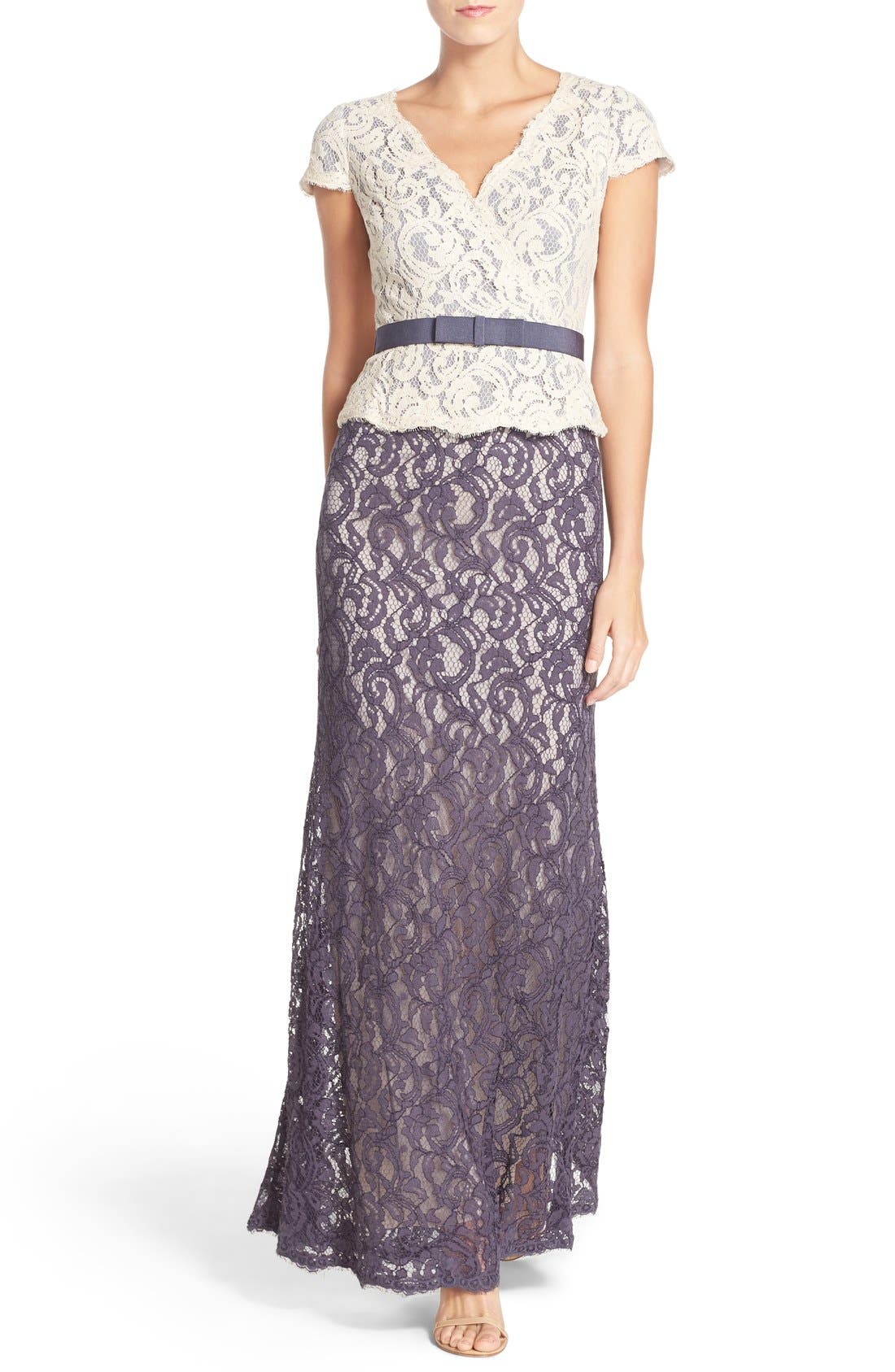 adrianna papell belted lace gown