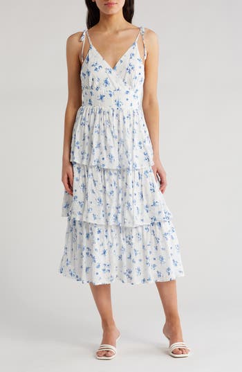Lulus Sweet Inclination Floral Print Sleeveless Tiered Dress In White/blue