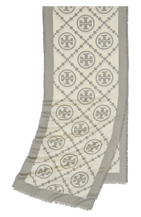 Shop Tory Burch T-monogram Bordered Oblong Scarf In T Monogram Gray