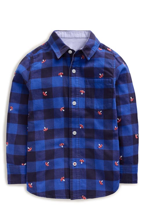 Boden Kids' Check Embroidered Cotton Flannel Shirt in Sapphire Blue Toadstool 