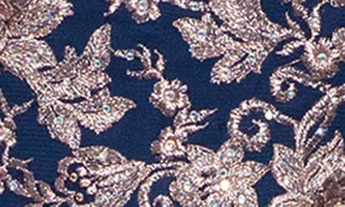 Betsy & Adam Petite Floral-embroidered Mesh Gown In Navy/rose