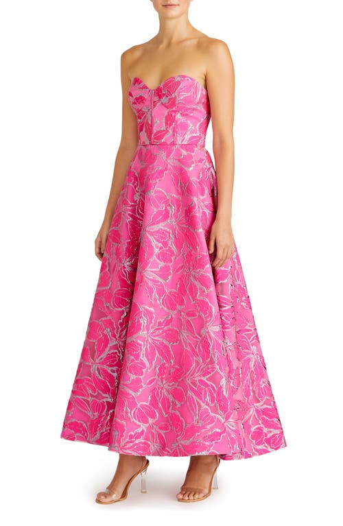 ml Monique Lhuillier Amelia Strapless Metallic Brocade Gown In Azalea Pink