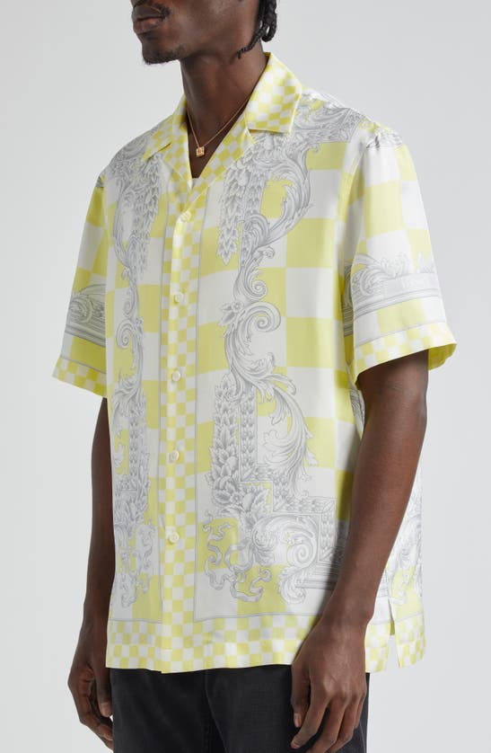 Shop Versace Medusa Check Short Sleeve Silk Button-up Shirt In 5x510-pale Yellow White Silver