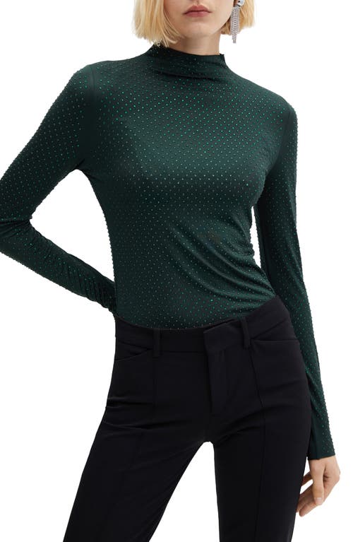 MANGO Crystal Embellished Mock Neck Top Dark Green at Nordstrom,