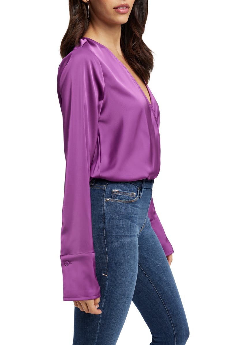Good American Long Sleeve Stretch Satin Faux Wrap Top, Alternate, color, Pop Thistle005