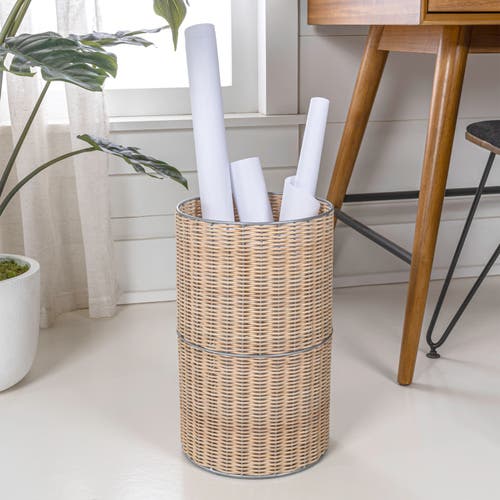 Happimess Cecil Modern Faux Wicker Cylinder Waste Basket In Natural/silver