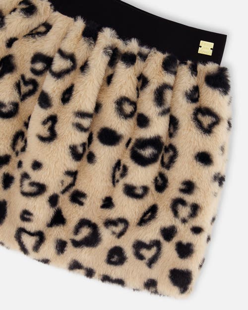 Deux Par Deux Girl's Printed Faux Fur Skirt Leopard In Printed Hearts