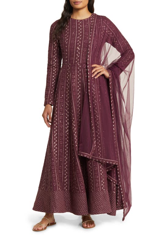 Samud Embroidered Long Sleeve Anarkali with Dupatta in Tawny Port