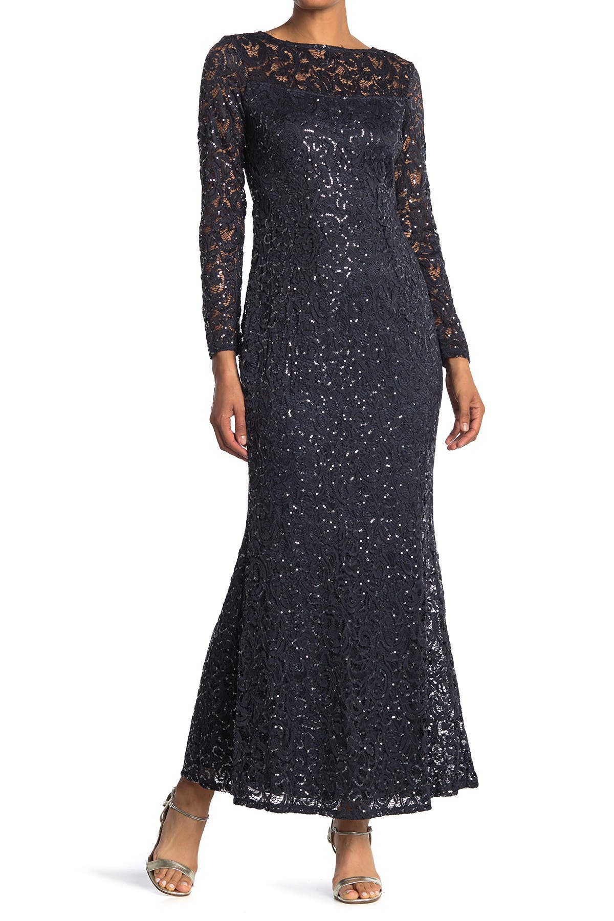 Marina Sequin Lace Long Sleeve Gown In Open Grey9