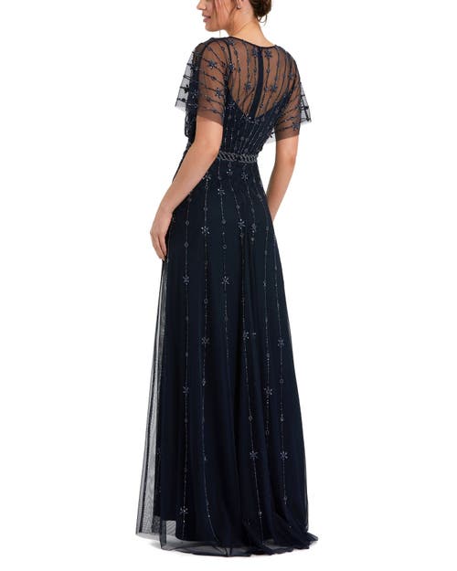 Mac Duggal V Neck Embellished Flutter Sleeve A Line Gown In Midnight