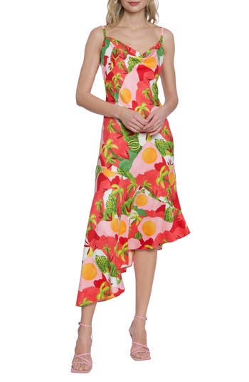 Donna Morgan For Maggy Tropical Asymmetric Midi Dress In Ivory/coral
