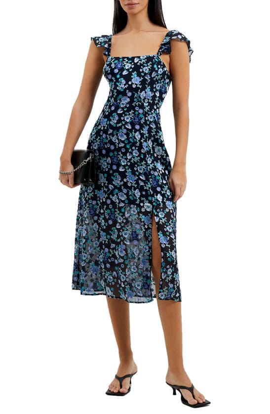French Connection Bette Floral Satin Burnout Dress In Navy Multi