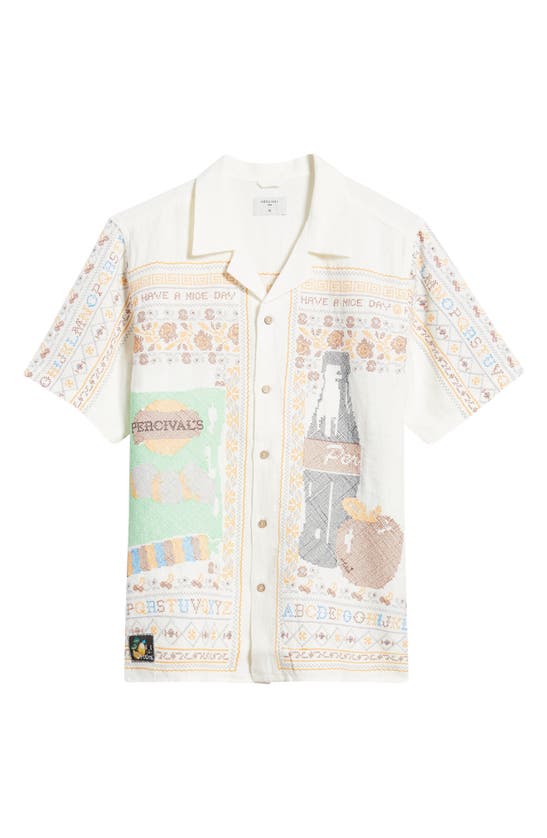 Shop Percival Meal Deal Embroidered Short Sleeve Linen Graphic Camp Shirt In Natural