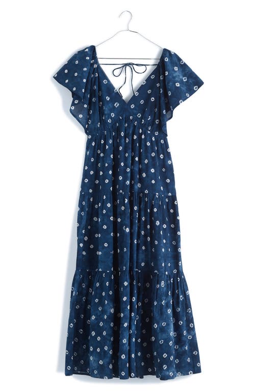 Shibori Tie Back Tiered Cotton Midi Dress in Cotton Shibori Print