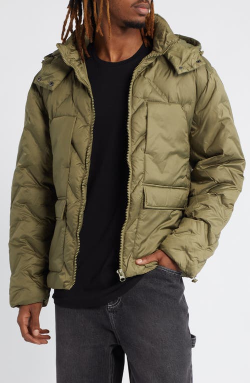 Topman Hooded Heat Press Chevron Quilted Puffer Jacket Khaki at Nordstrom,