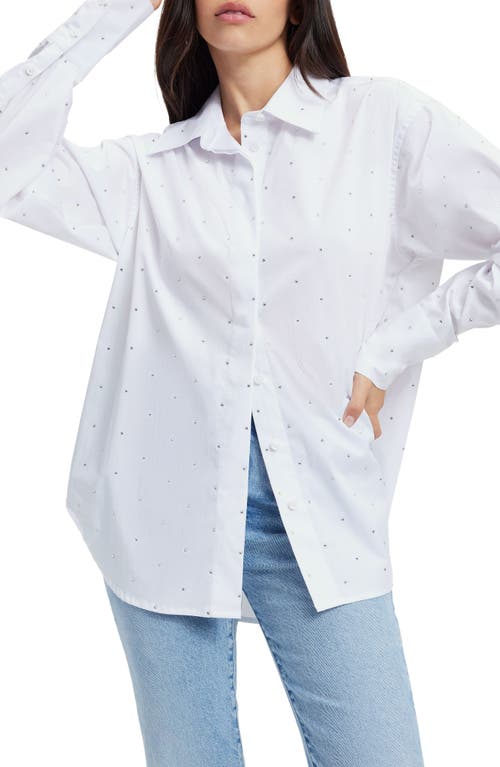 Good American Crystal Studded Oversize Stretch Poplin Shirt in White001