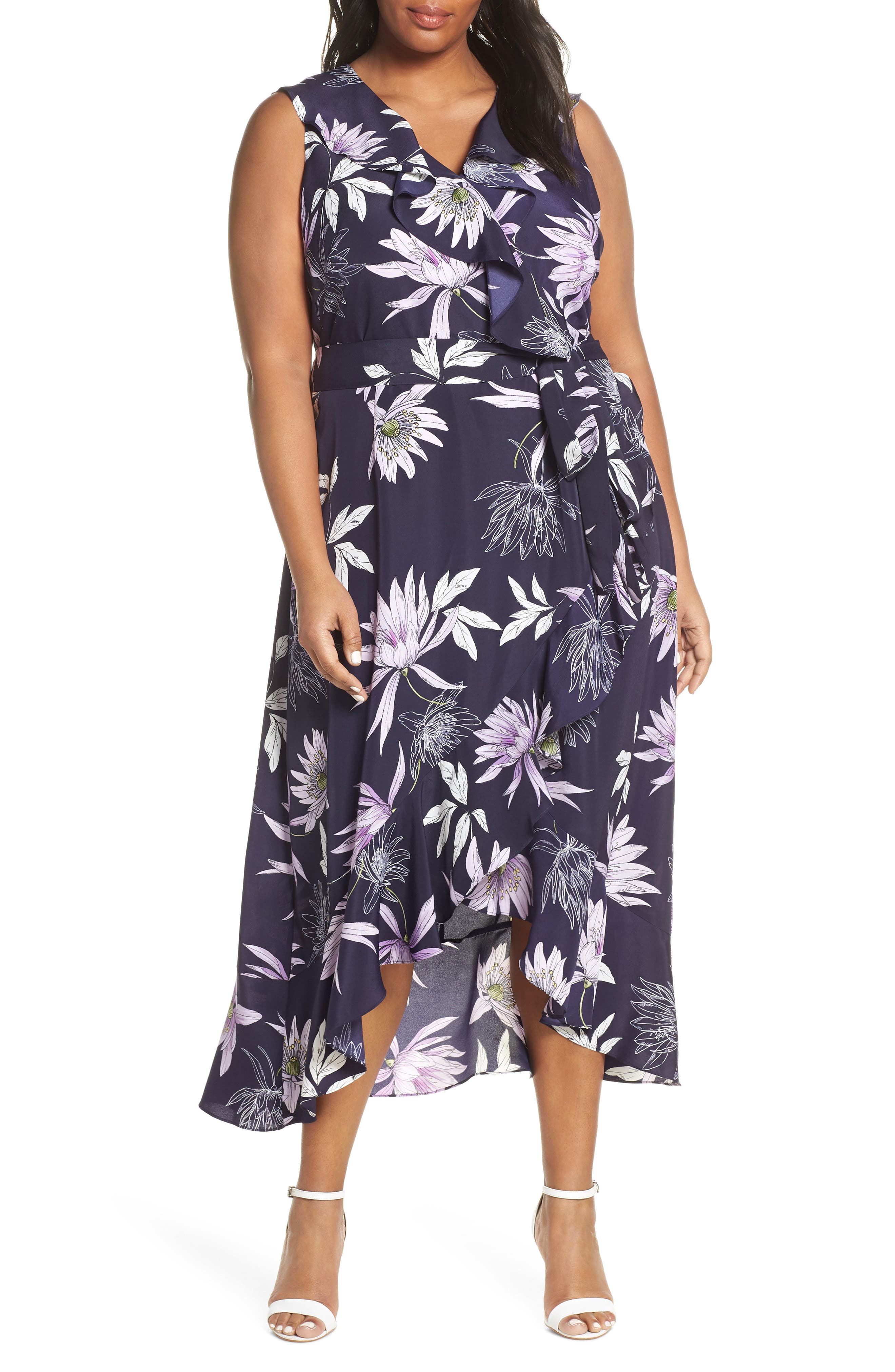 Plus Size Vince Camuto Asymmetrical Faux Wrap Midi Dress, Blue