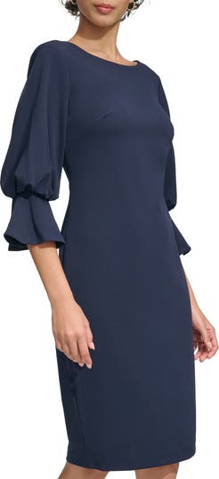 CALVIN KLEIN $129 Womens New 1203 Blue Velvet Bell Sleeve Sheath Dress 4 B+B