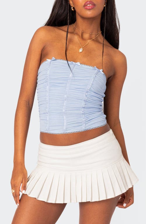 EDIKTED Veronika Strapless Ruched Mesh Top Light-Blue at Nordstrom,