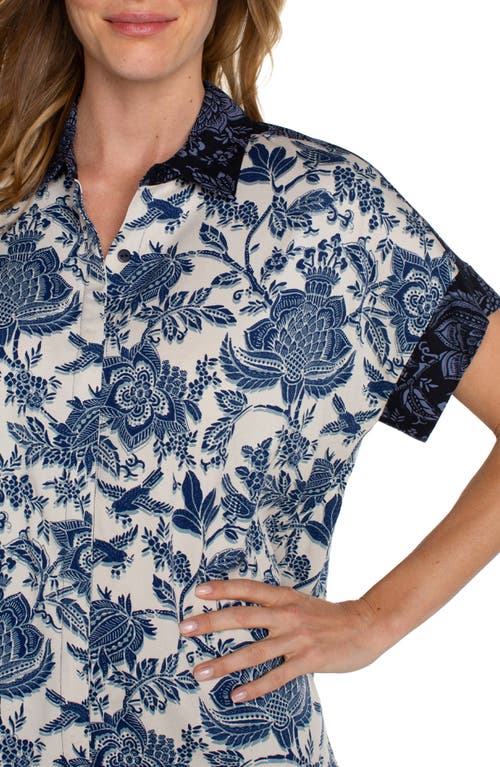 Liverpool Contrast Print High-low Short Sleeve Button-up Shirt In Glxy Flrl Prnt