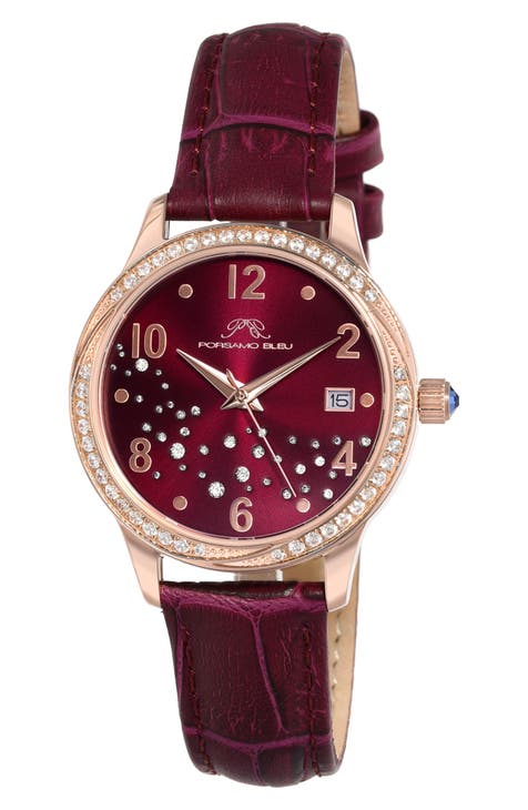 Ruby Sunray Croc Embossed Leather Strap Watch, 34mm