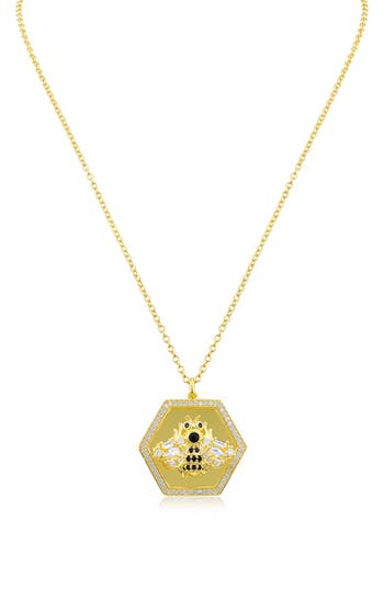 Shop Cz By Kenneth Jay Lane Cz Bee Hexagon Pendant Necklace In Black/gold