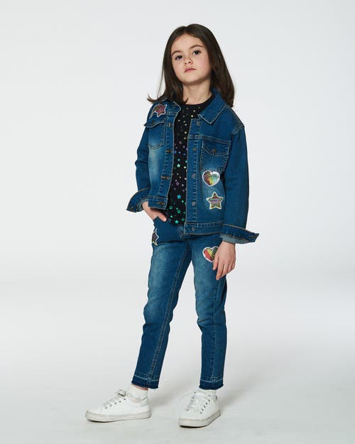 Shop Deux Par Deux Girl's Jeans With Embroidery Patch Blue Denim In Navy Denim