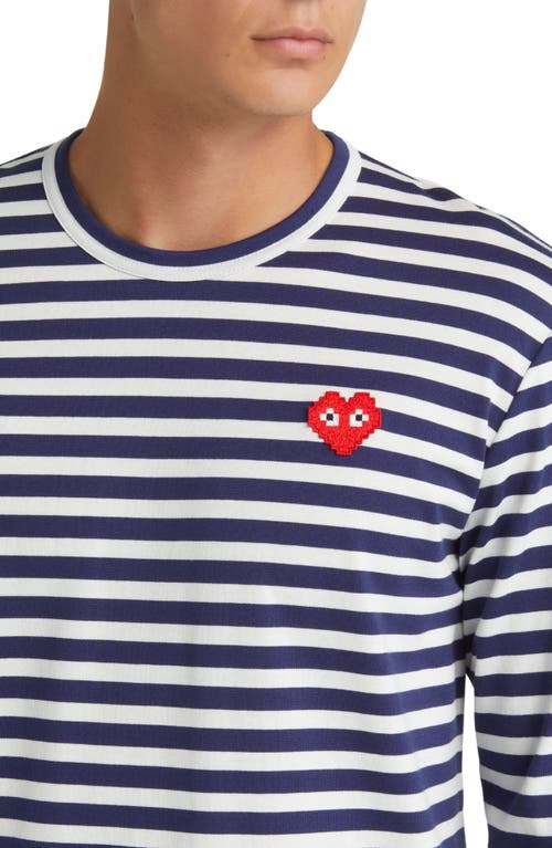 Shop Comme Des Garçons Play Pixel Play Appliqué Stripe Long Sleeve T-shirt In Navy/white