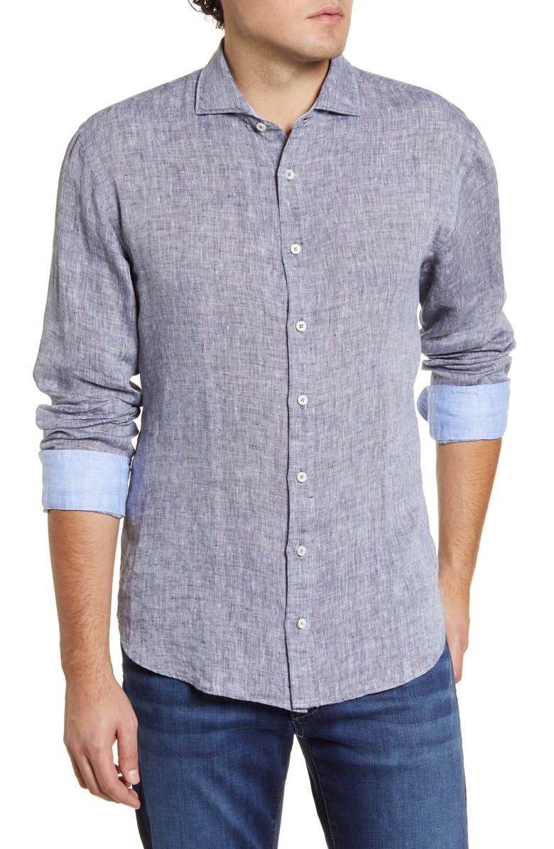Bugatchi Shaped Fit Button-Up Linen Shirt, Main, color, 