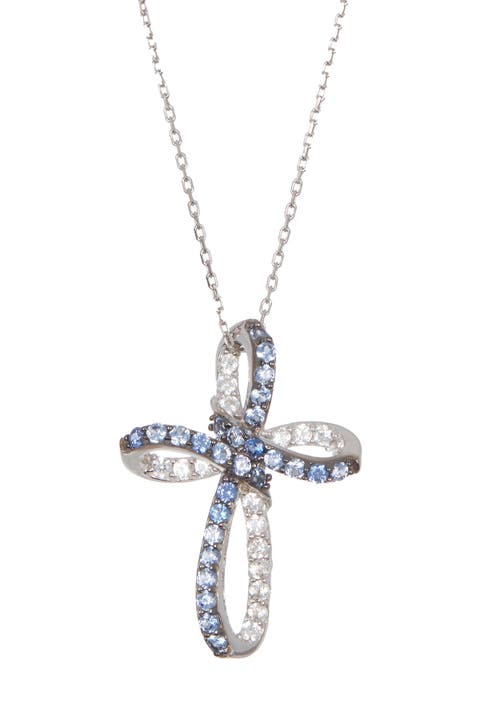 Sterling Silver Blue Sapphire & Diamond Cross Pendant Necklace - 0.5ct.